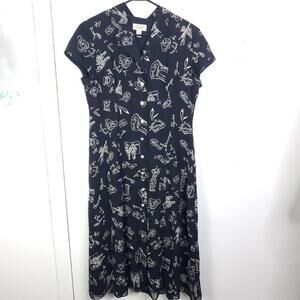 Talbots Dress Womens 14 Midi Paris French Print Full Button Teacher 90s Retro